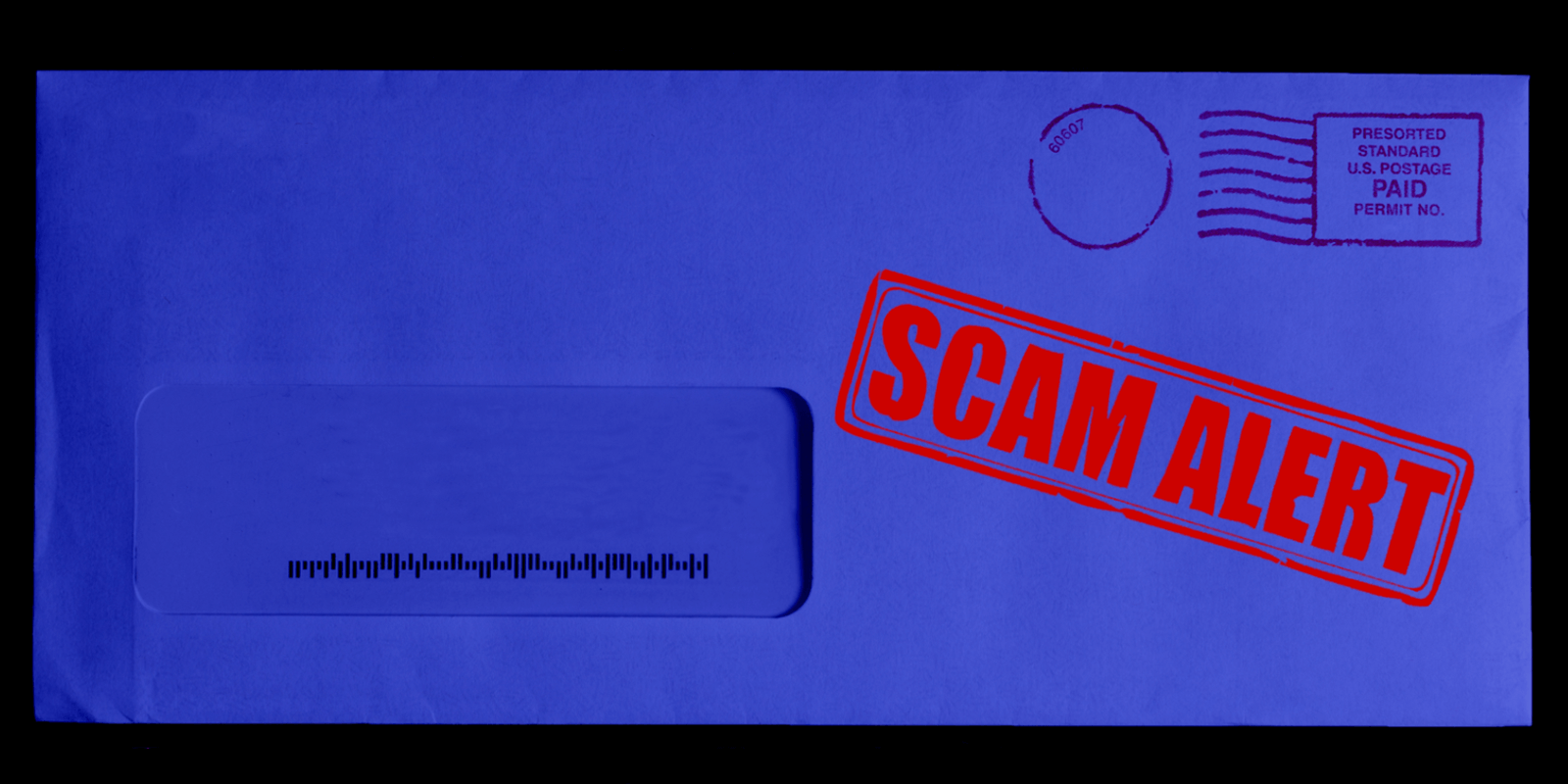 Red "SCAM ALERT" stamp on a blue background