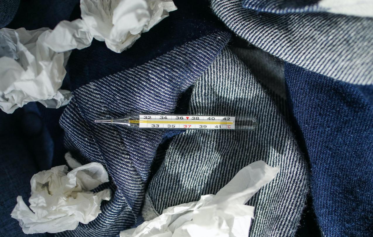 Thermometer and tissues on a blanket