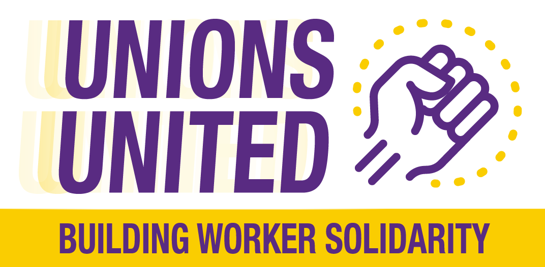 Words "unions united" with a fist 